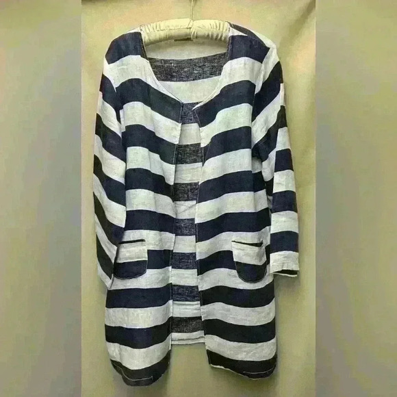 Pure Venice 100% Linen Kimono Jacket Blue and White Striped No Size Tag - Picture 1 of 6